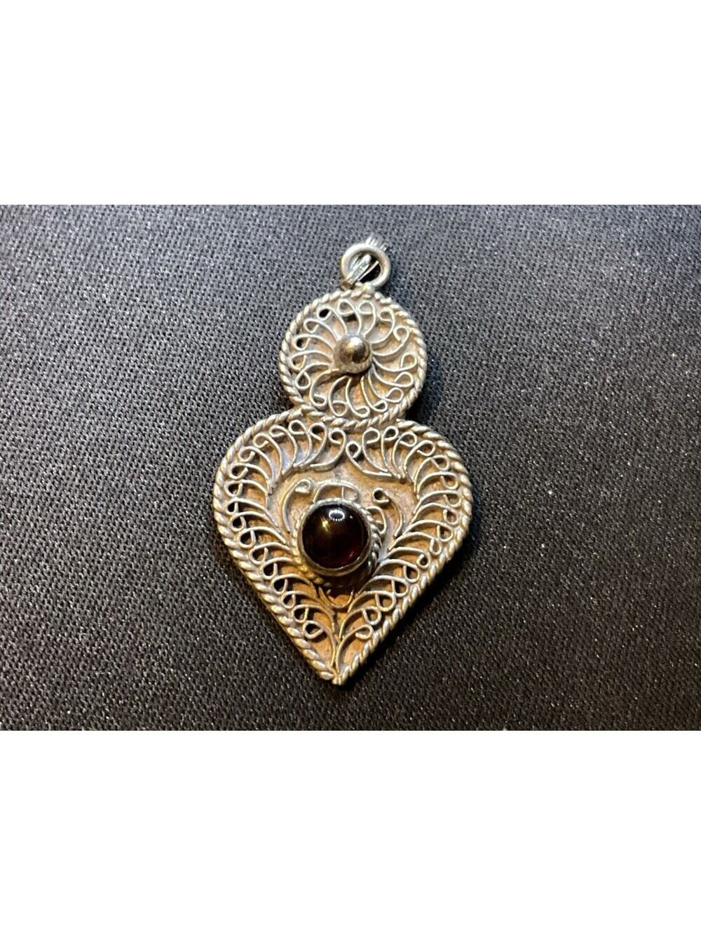 Vintage 925 Silver Bali Heart Garnet Filigree Pendant
